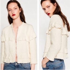 Zara Tweed Textured Fringe Crop Blazer Jacket NWT - Ivory, Women’s Size Small